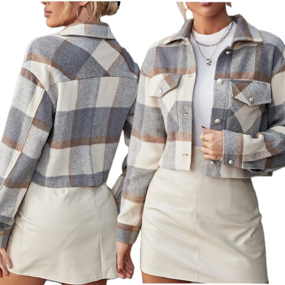 Shein Cropped Plaid Flannel Shacket in Grey & Tan Size XS | 2